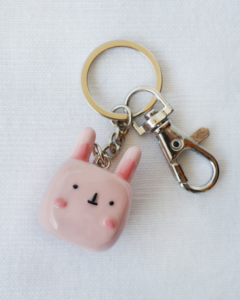 Pottery Keychains Pink - Handmade Cube Polymer Clay Pink Rabbit Keychain