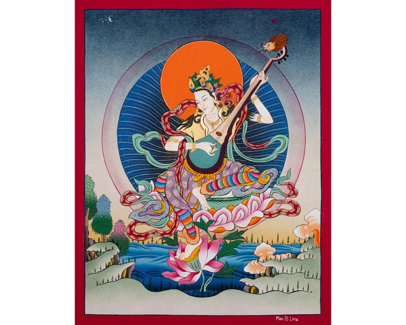 神聖的薩拉斯瓦蒂唐卡 以神聖知識豐富您的空間 - 壁貼/牆壁裝飾 - 其他材質 多色