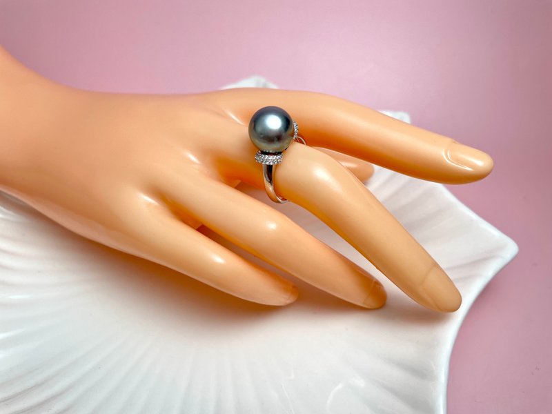 Natural seawater pearl Tahitian black pearl platinum gray sterling Silver ring - แหวนทั่วไป - ไข่มุก สีเทา