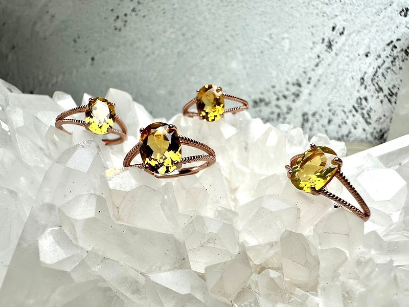 黃水晶 鑽切 簡約  設計 925銀鍍玫瑰金戒指 - 戒指 - 純銀 黃色