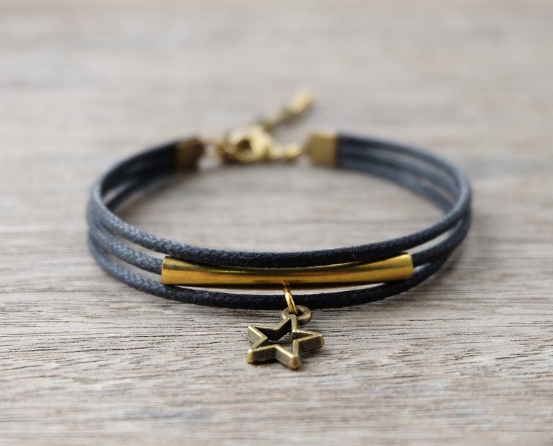 Black waxed cord bracelet with brass star - Bracelets - Other Materials Black
