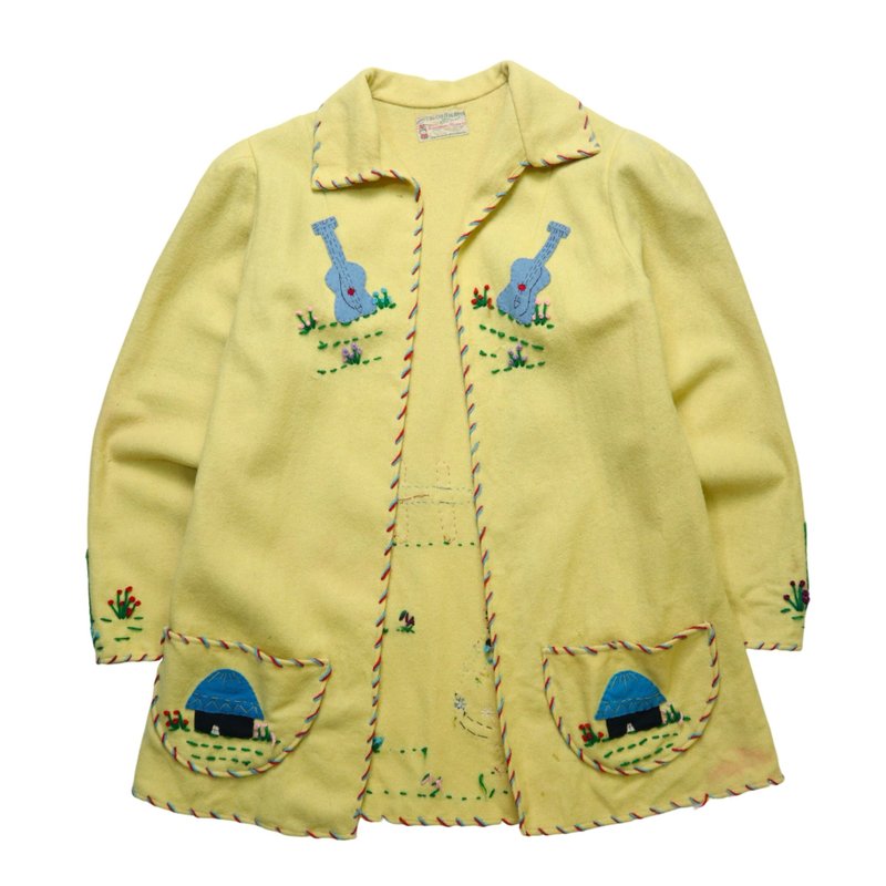 1940s Garcia Leal Hnos Mexican yellow dancing figure embroidered wool commemorative jacket - เสื้อแจ็คเก็ต - ขนแกะ สีเหลือง