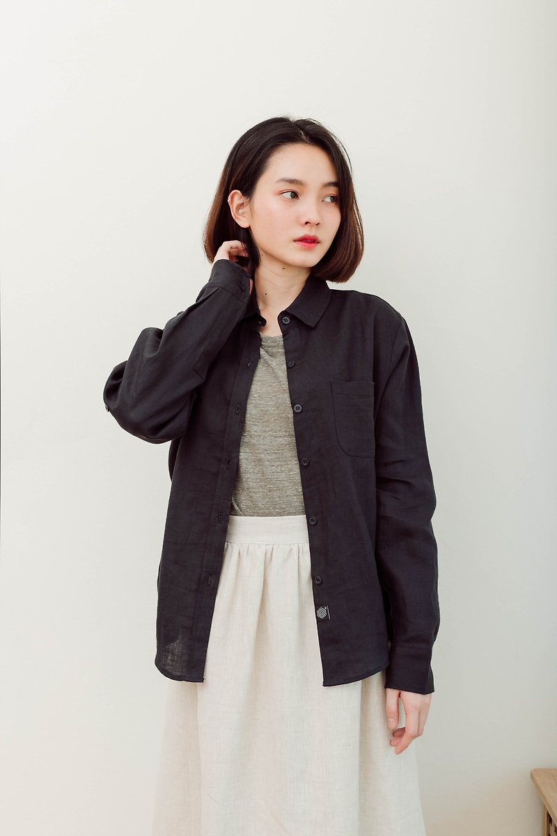 【Off-season sale】Charcoal Linen Shirt - 女上衣/長袖上衣 - 棉．麻 黑色