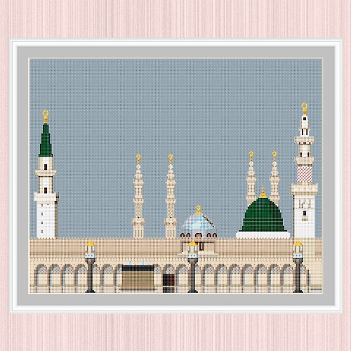LarisaStitch Prophet's Mosque Cross Stitch Pattern | Al-Masjid An-Nabawi | Green Dome 十字繡圖案