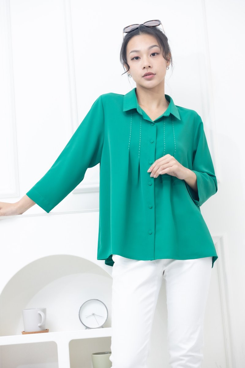 襯衫領胸前縫線裝飾襯衫 綠色 - 女襯衫 - 其他材質 綠色