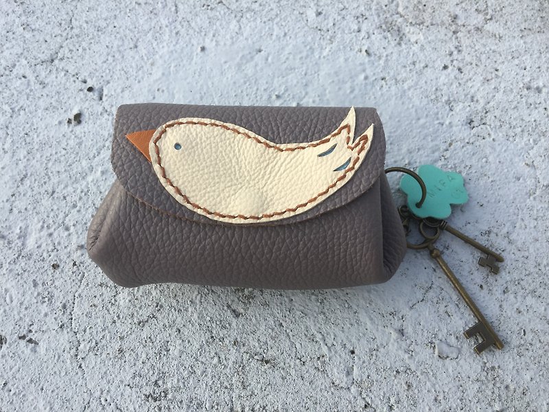 Bird key / purse / vegetable tanned leather (to mark the English name) - กระเป๋าใส่เหรียญ - หนังแท้ สีเทา