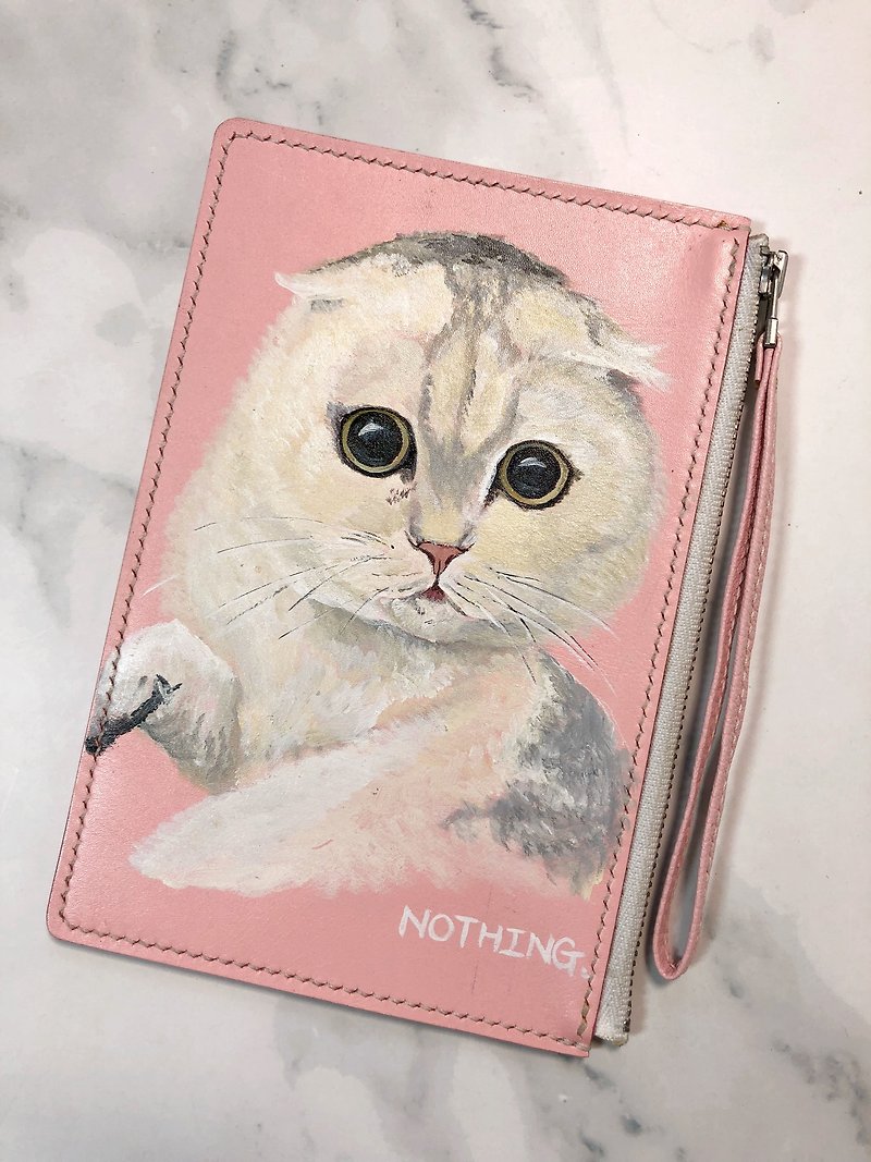 Hand-painted pattern big-eyed cat leather coin purse | Mobile phone bag | Small wallet | Clutch bag - กระเป๋าคลัทช์ - หนังแท้ สึชมพู