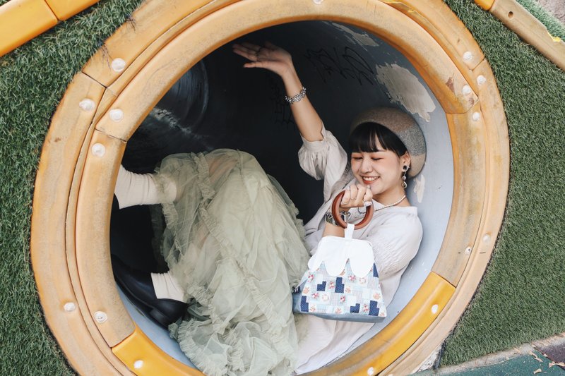 Showa Patchwork Mt. Fuji Wooden Ring Bag - Blue - Handbags & Totes - Cotton & Hemp 