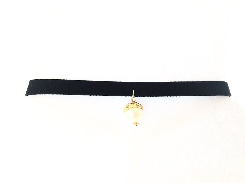 珍珠墜飾頸鍊 - 項鍊 - 真皮 黑色