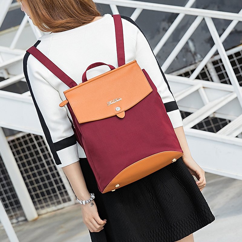 Backpack dual-use shoulder bag cross grain leather waterproof fabric Nova - wine red - กระเป๋าเป้สะพายหลัง - วัสดุกันนำ้ สีแดง