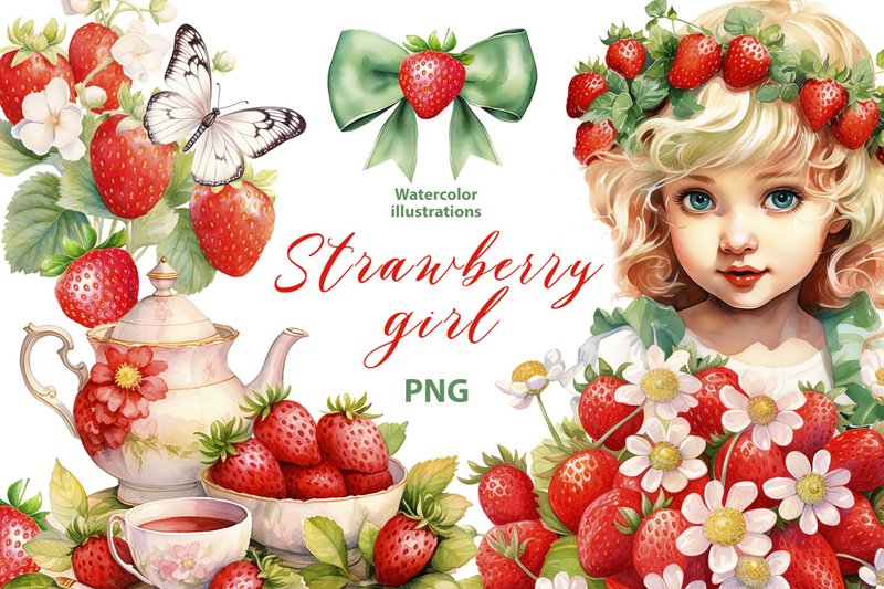 Watercolor Strawberry clipart set, 19 Png, Dessert Clipart, Watercolor cute girl - 電子手帳及素材 - 其他材質 