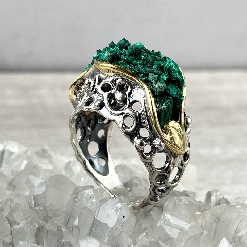 Sterling silver and 24 K gold plated silver malachite ring, Made in Armenia - 戒指 - 純銀 綠色