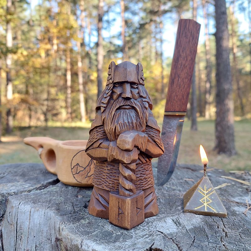 Wood statue Thor Norse god figure - Stuffed Dolls & Figurines - Wood Brown