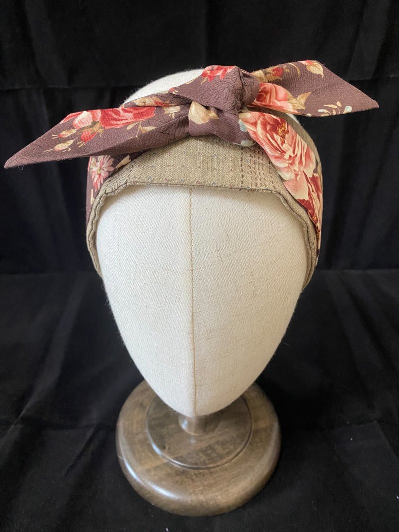 Rose coffee/two-color knotted headband/Japanese dyed fabric - Headbands - Cotton & Hemp Blue