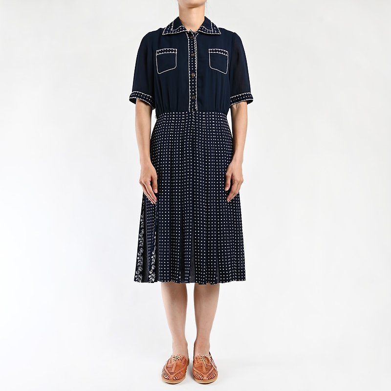 Vintage dress / Vintage 復古洋裝 - ชุดเดรส - ผ้าฝ้าย/ผ้าลินิน สีน้ำเงิน