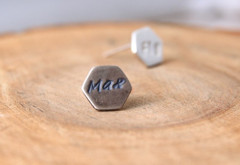 Engraving Accepted/ Sterling Silver Stud Earring / Hexagon / Geometric - ต่างหู - เงินแท้ สีเงิน
