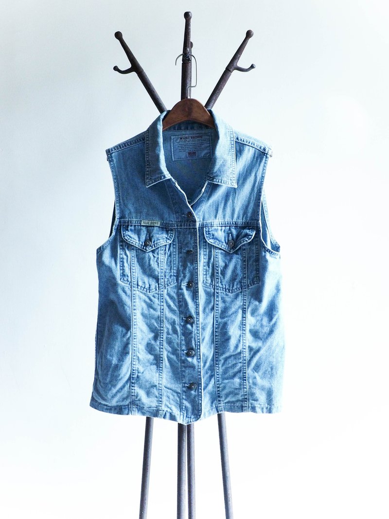 River Hill - Hokkaido ice blue built poems cotton denim vest wild youth antique vintage vintage oversize vest - Women's Vests - Cotton & Hemp Blue