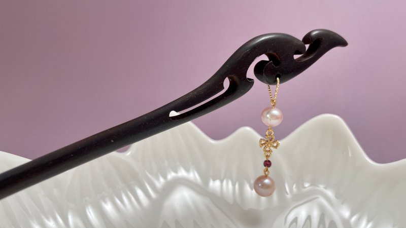 National style hairpin natural freshwater pearl ebony Stone wood hairpin - เครื่องประดับผม - ไข่มุก สึชมพู