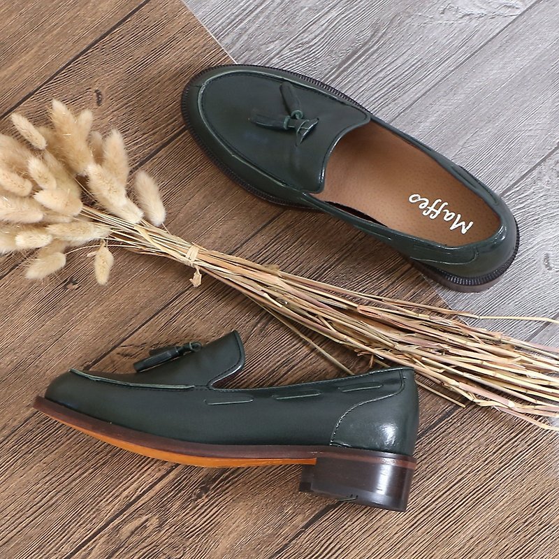 Italy's saddle leather back Lily's back garden three-dimensional type loafers Oxford shoes (0109) - รองเท้าอ็อกฟอร์ดผู้หญิง - หนังแท้ สีเขียว