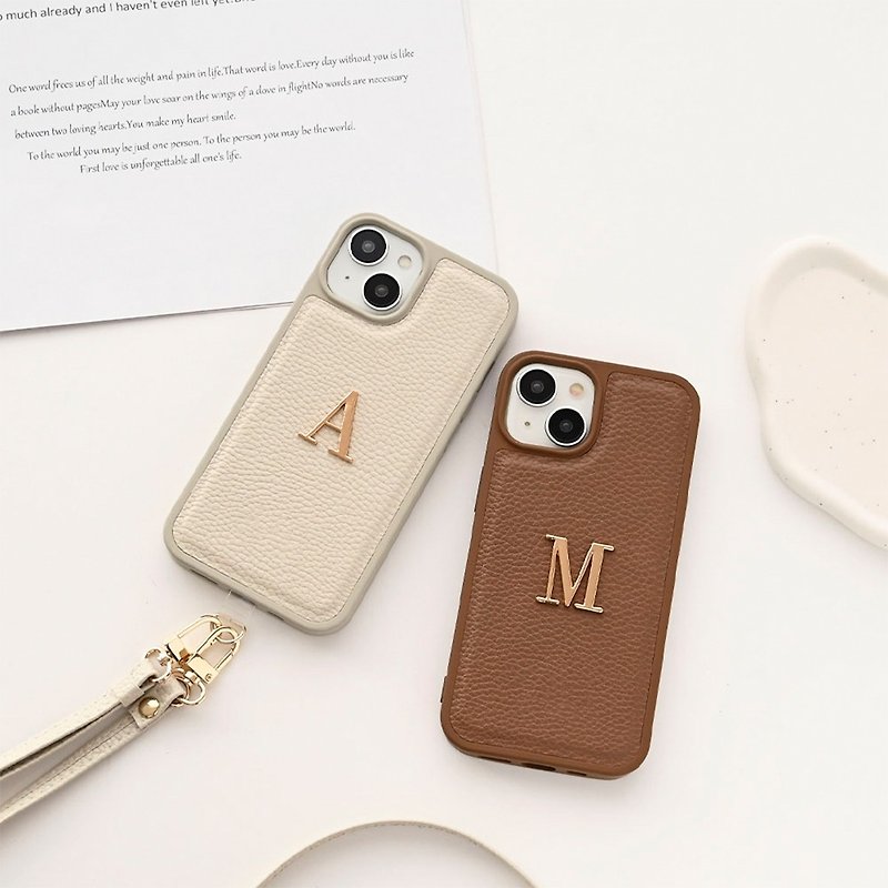 Smartphone case, color, rear case, with initial parts [Simple] Smartphone shoulder, dull color, alphabet parts included JE06U - Phone Cases - Faux Leather Brown