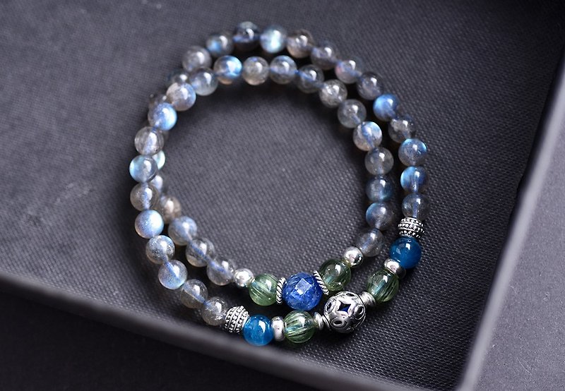 Blue apatite + kyanite + green apatite + glare labrador double sterling silver bracelet - Bracelets - Gemstone Gray