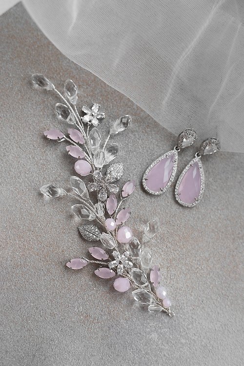 Kamael Shine Pink silver floral hair vine, Rose flower hair piece for wedding hairstyle