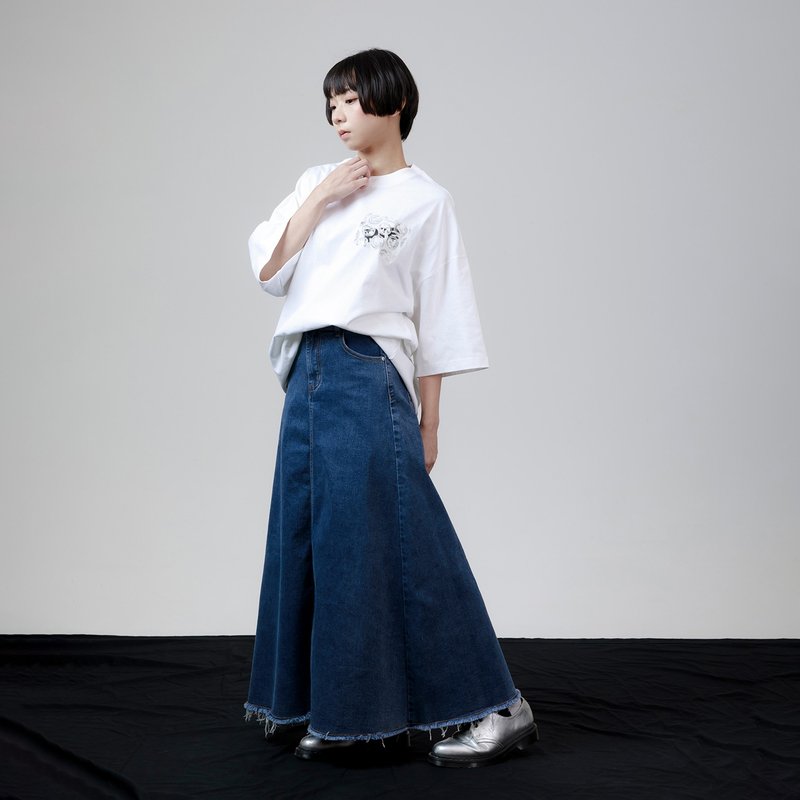 Uncut denim long skirt - กระโปรง - ผ้าฝ้าย/ผ้าลินิน สีน้ำเงิน