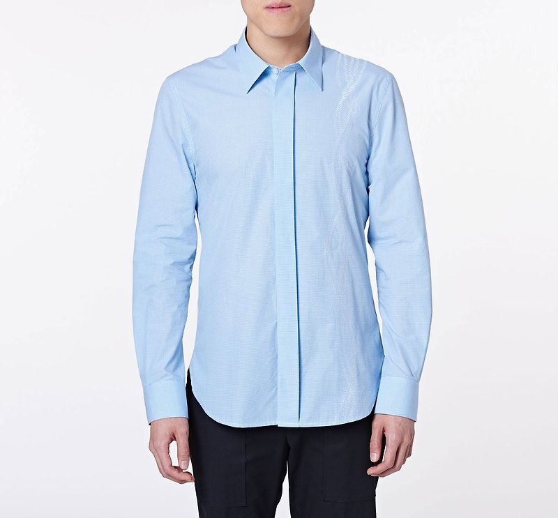 [Special embroidery design] Detailed blue shirt - Men's Shirts - Other Materials Blue