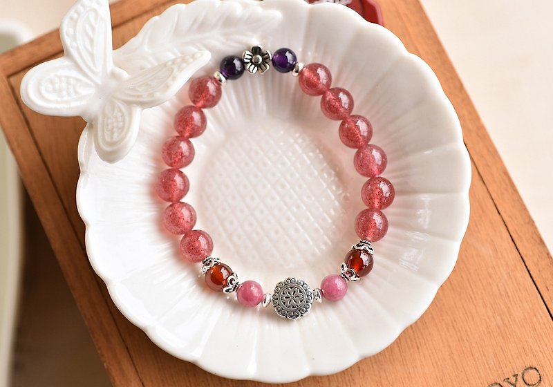 草莓晶+石榴石+紫水晶純銀花朵手鍊 - 手鍊/手鐲 - 水晶 粉紅色