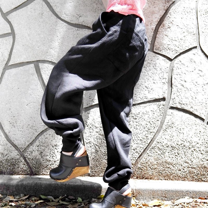 Saruel Jogger WIDE Pants / Hem Rib - กางเกงขายาว - ผ้าฝ้าย/ผ้าลินิน สีดำ