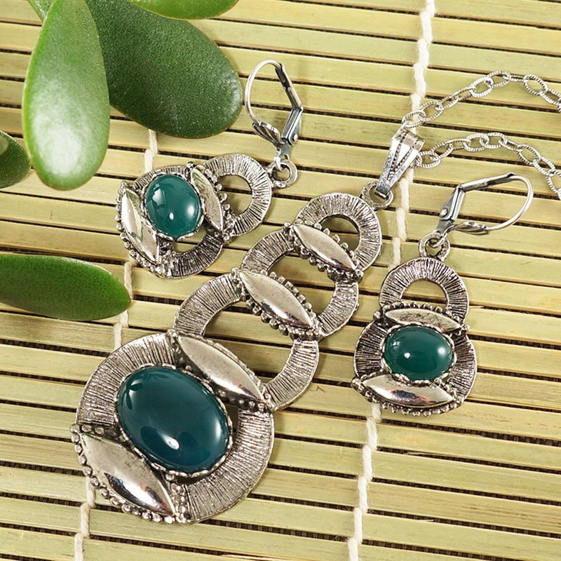 Necklace and Earrings Dark Green Agate Silver Jewelry Set Pendant and Earrings - 項鍊 - 半寶石 綠色