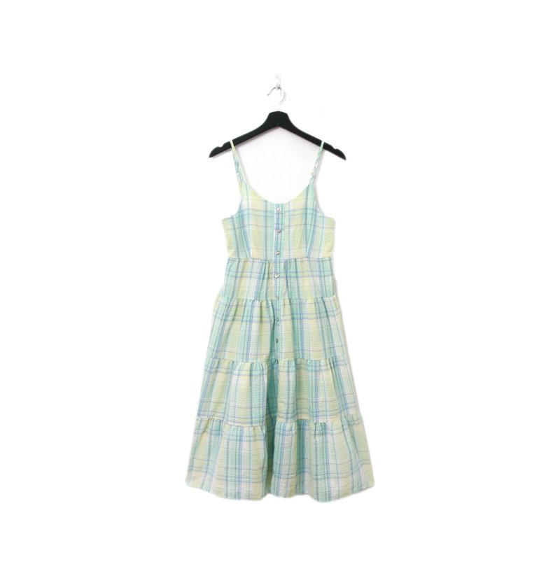 Back to Green-復古長洋裝 細肩帶 水藍格紋Ls-49//vintage dress - 洋裝/連身裙 - 棉．麻 