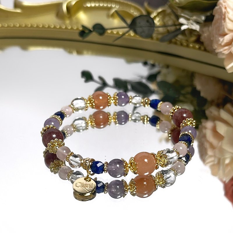 Orange Moonstone Cherry Strawberry Crystal Amethyst White Crystal Lapis Lazuli Rose Quartz Natural Crystal Bracelet - สร้อยข้อมือ - คริสตัล 