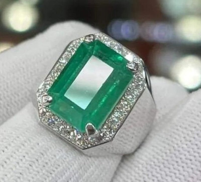 Emerald Ring Mens Natural Emerald 14k White Gold Diamond Ring Mens Jewelry Ring - 戒指 - 寶石 綠色