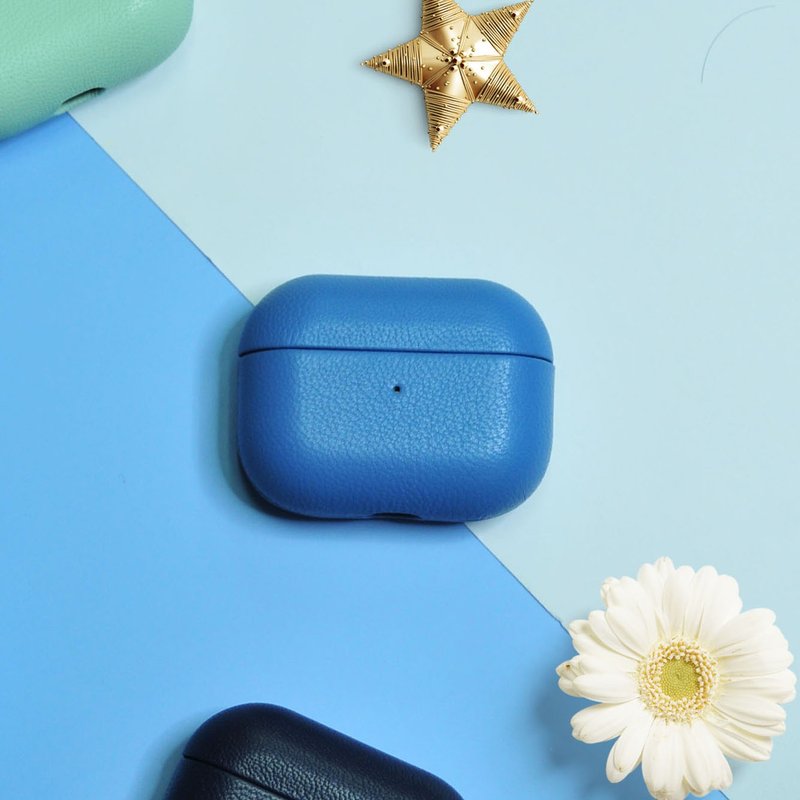 AirPods 4/3/Pro/Pro2 皮革 耳機保護套 Skyblue 天藍 客製化 - 耳機/藍牙耳機 - 真皮 藍色
