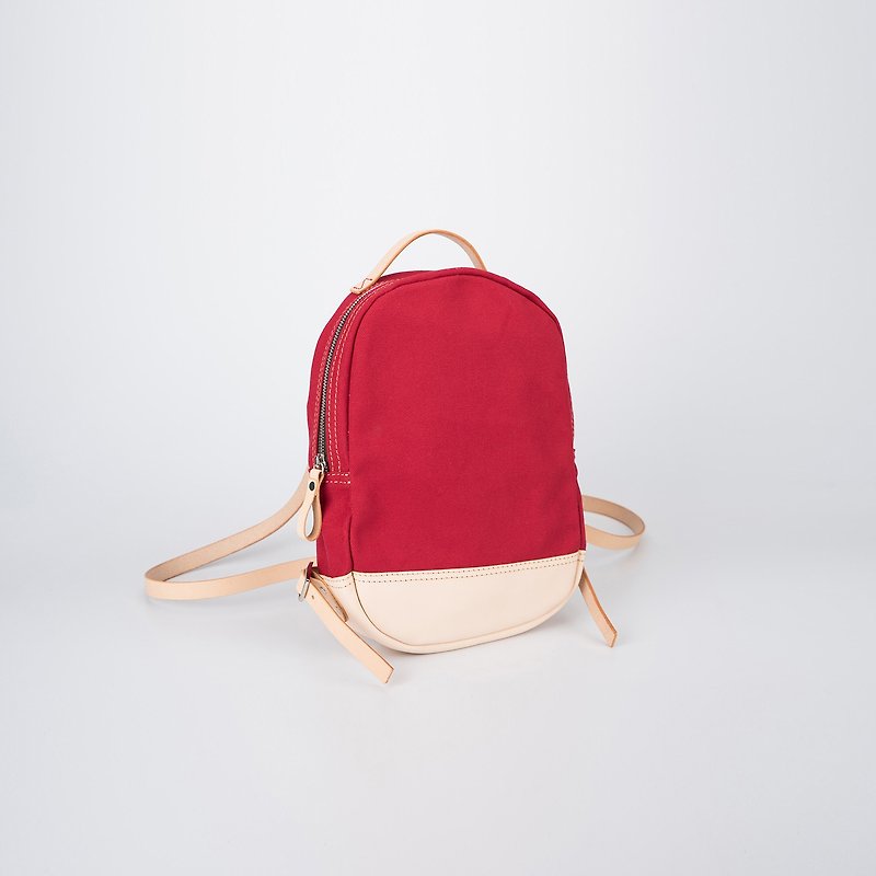 [Canvas meets leather] Handmade wild stitching casual canvas backpack minimalist Japanese style canvas bag - Backpacks - Cotton & Hemp Red