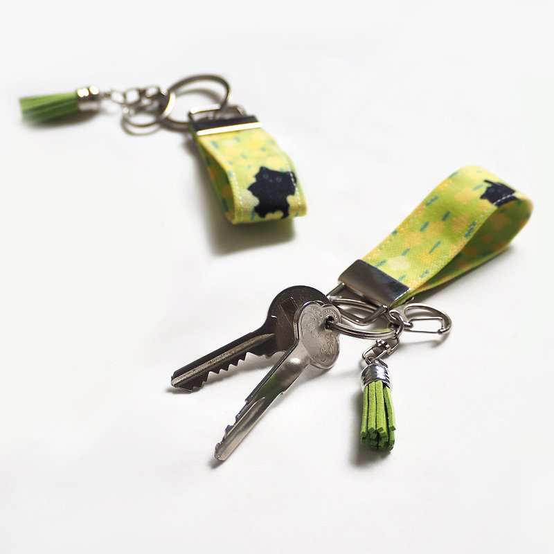 Key Strap with Green Tassel - Little Black Cats Collection size 1x2.7 in - Lanyards & Straps - Cotton & Hemp Yellow