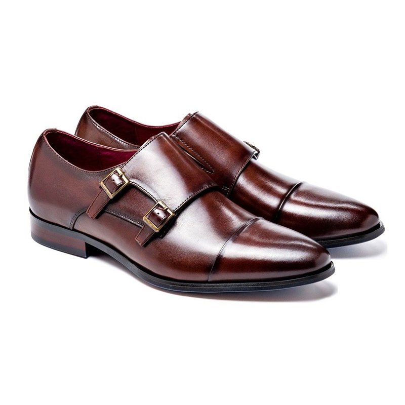 Hand-colored horizontally decorated double-button Monk shoes brown - รองเท้าหนังผู้ชาย - หนังแท้ 