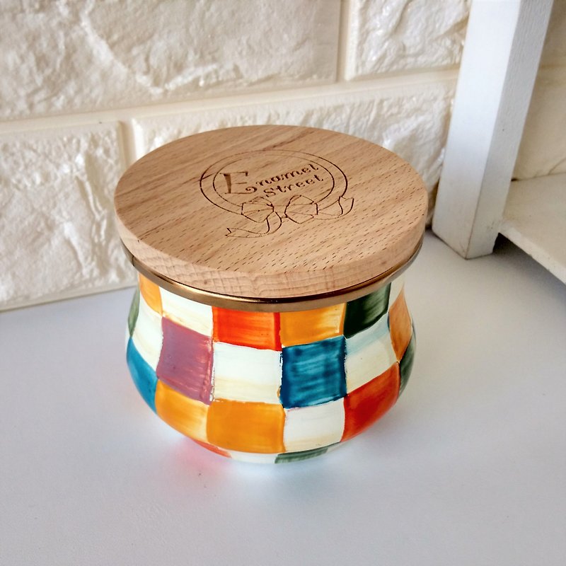 Colored checkered wooden cover painted pot - Storage - Enamel Multicolor