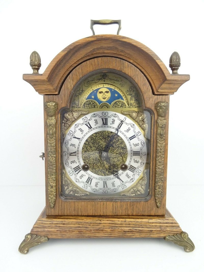 Antique Vintage Dutch Mantel Clock Warmink Wuba Shelf Bracket Moon Phase 8 day - 時鐘/鬧鐘 - 木頭 咖啡色