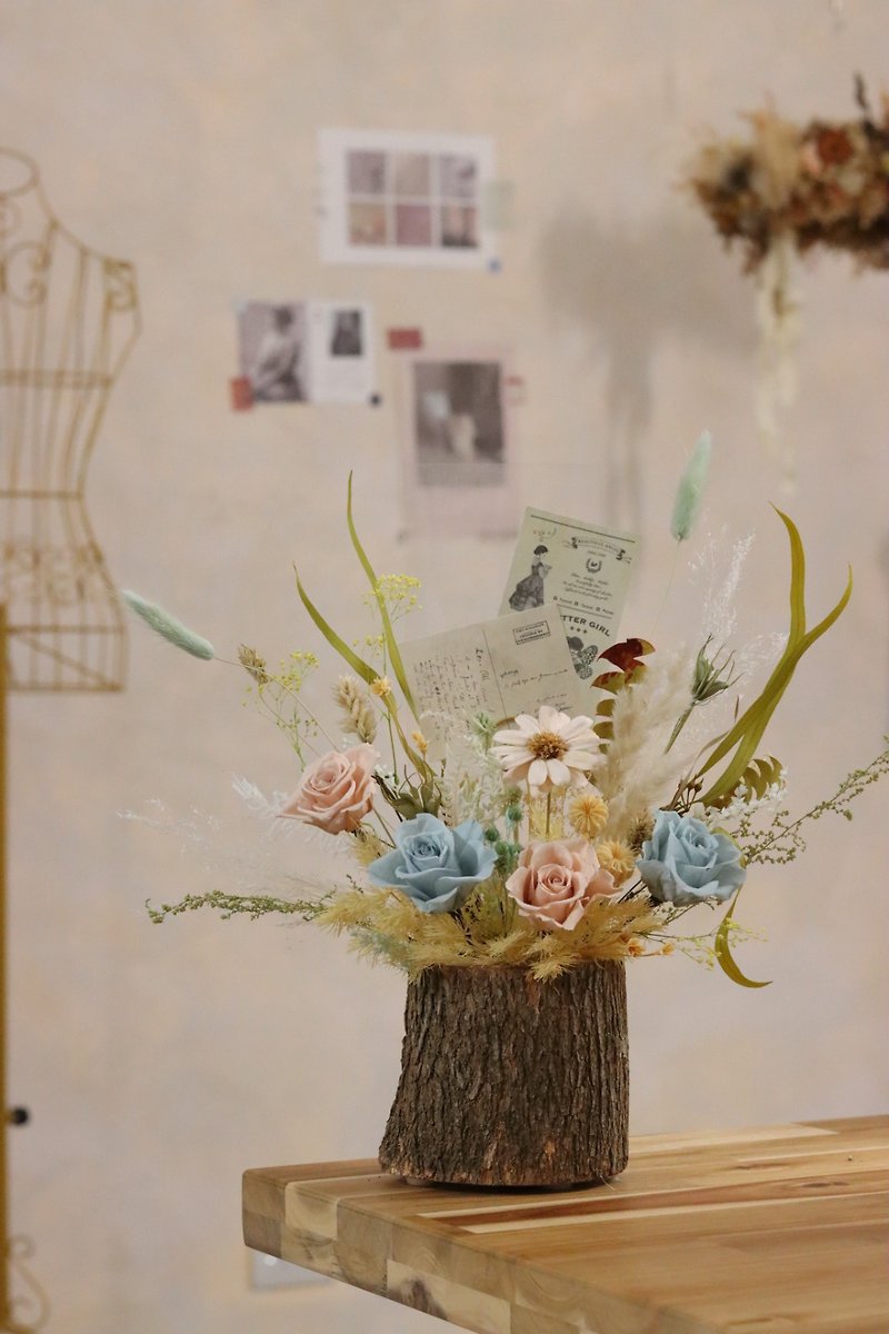 Wooden potted flowers, eternal flowers, log floral art, mint milk green flower pots, slogan flower pots - ช่อดอกไม้แห้ง - พืช/ดอกไม้ หลากหลายสี