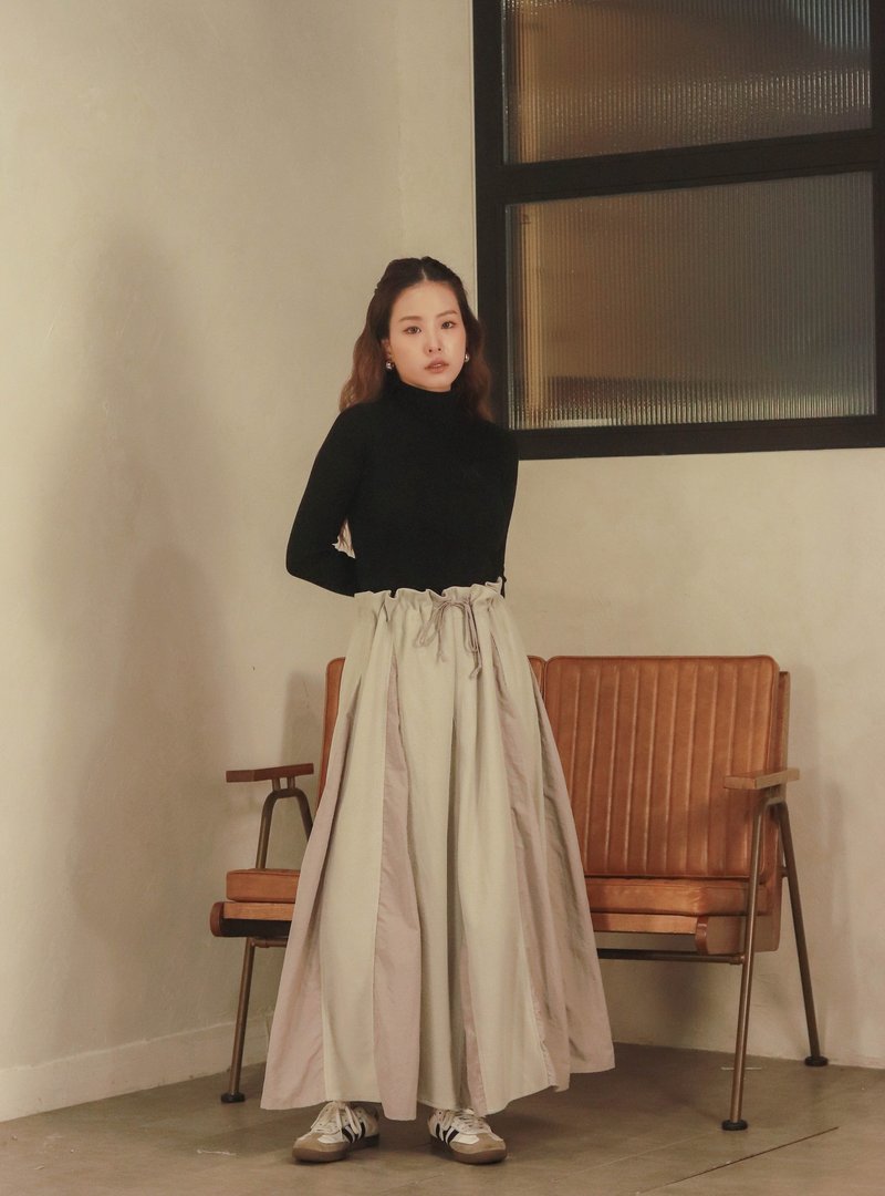 Fusheng series drawstring patchwork half-length skirt - กระโปรง - วัสดุอื่นๆ สีเขียว