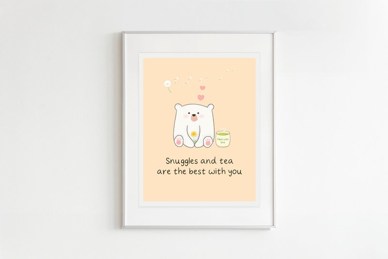 Snuggles & Tea Art Print Cute White Polar Bear With Green Tea Love For Tea Lover - Wall Décor - Paper 