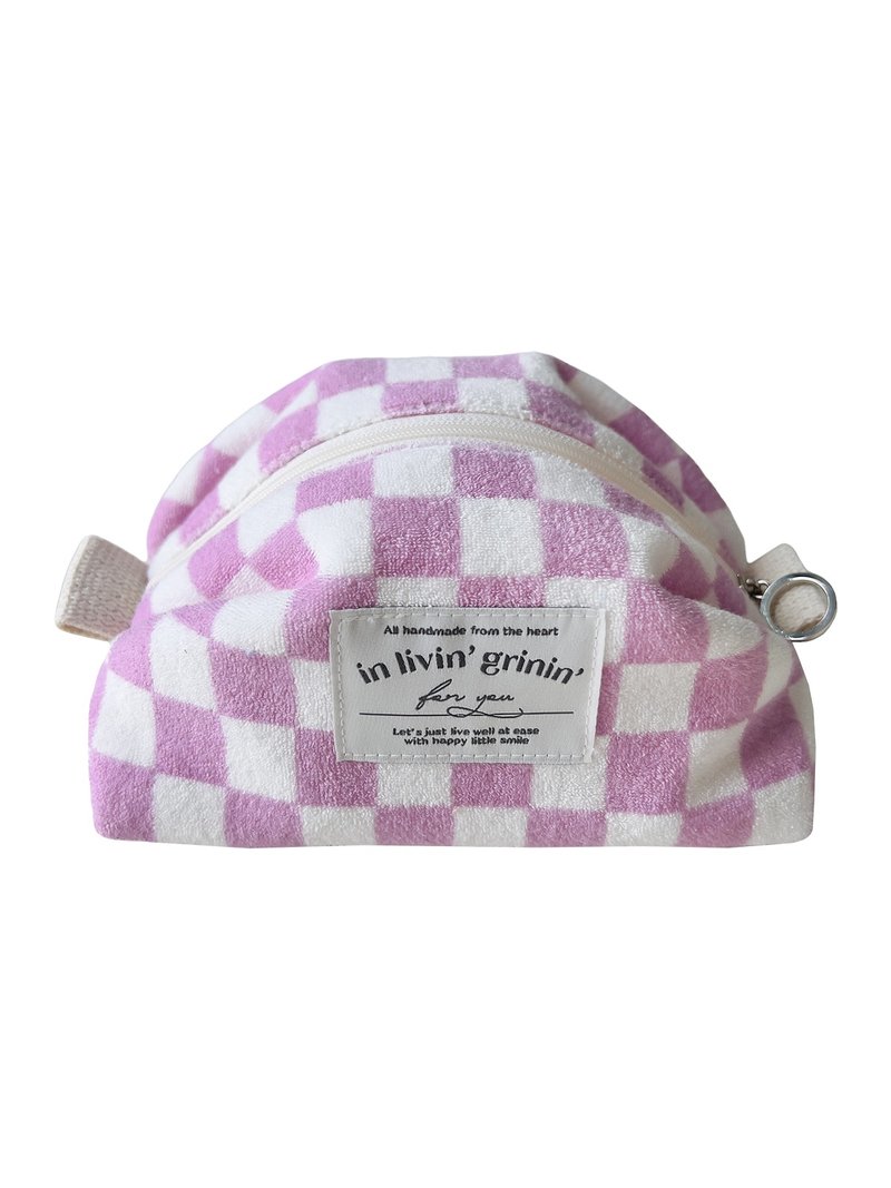 terry checker pouch M_pink lavender - 化妝包/收納袋 - 其他人造纖維 紫色