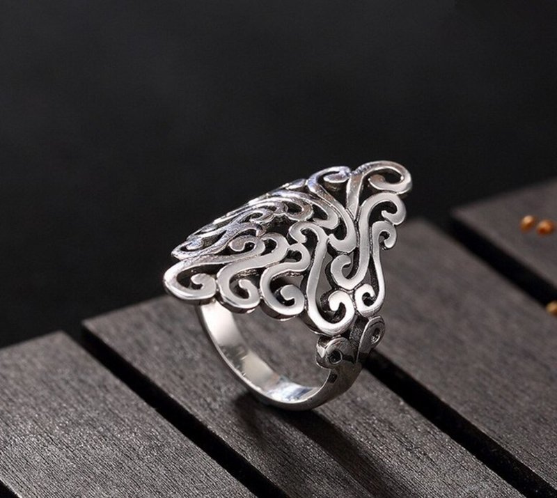 Real 925 Sterling Silver Open Finger Rings Women Vintage Hollow Totem Patterns - 戒指 - 銀 銀色