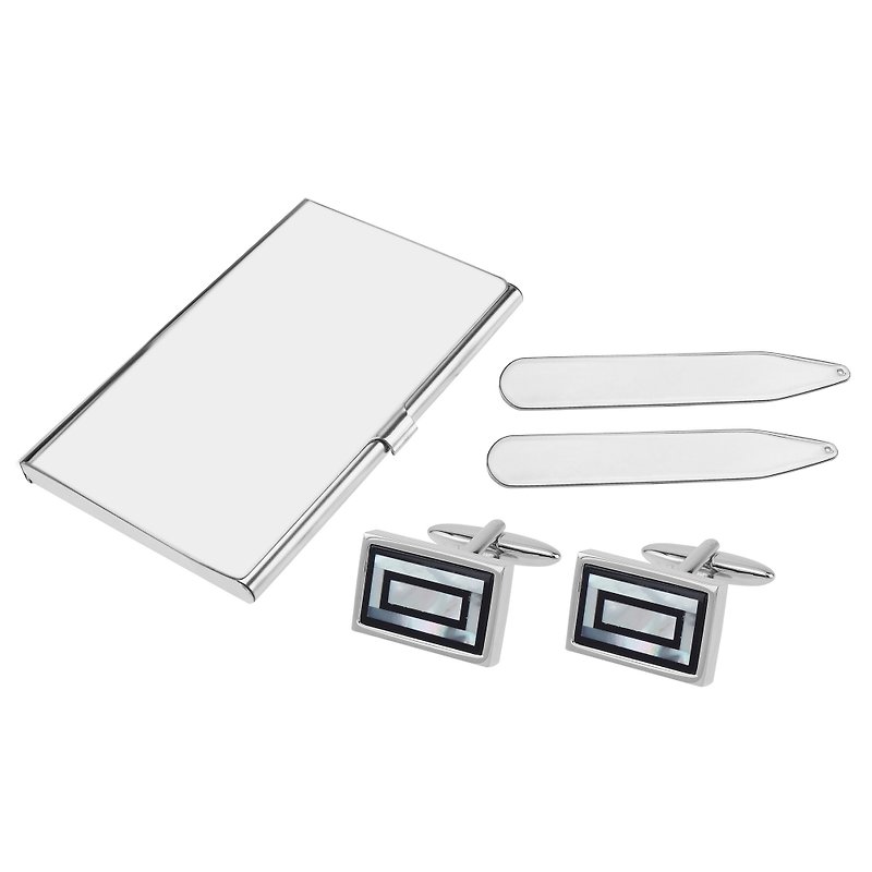 Onyx and Mother of Pearl Double Rectangle Cufflinks Collar Stays and Card Holder - กระดุมข้อมือ - โลหะ หลากหลายสี