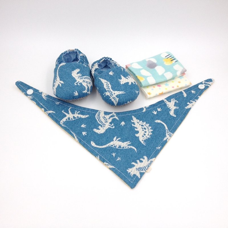 恐龍足跡-彌月禮盒(學步鞋/寶寶鞋/嬰兒鞋+2手帕+領巾) - 滿月禮物 - 棉．麻 藍色