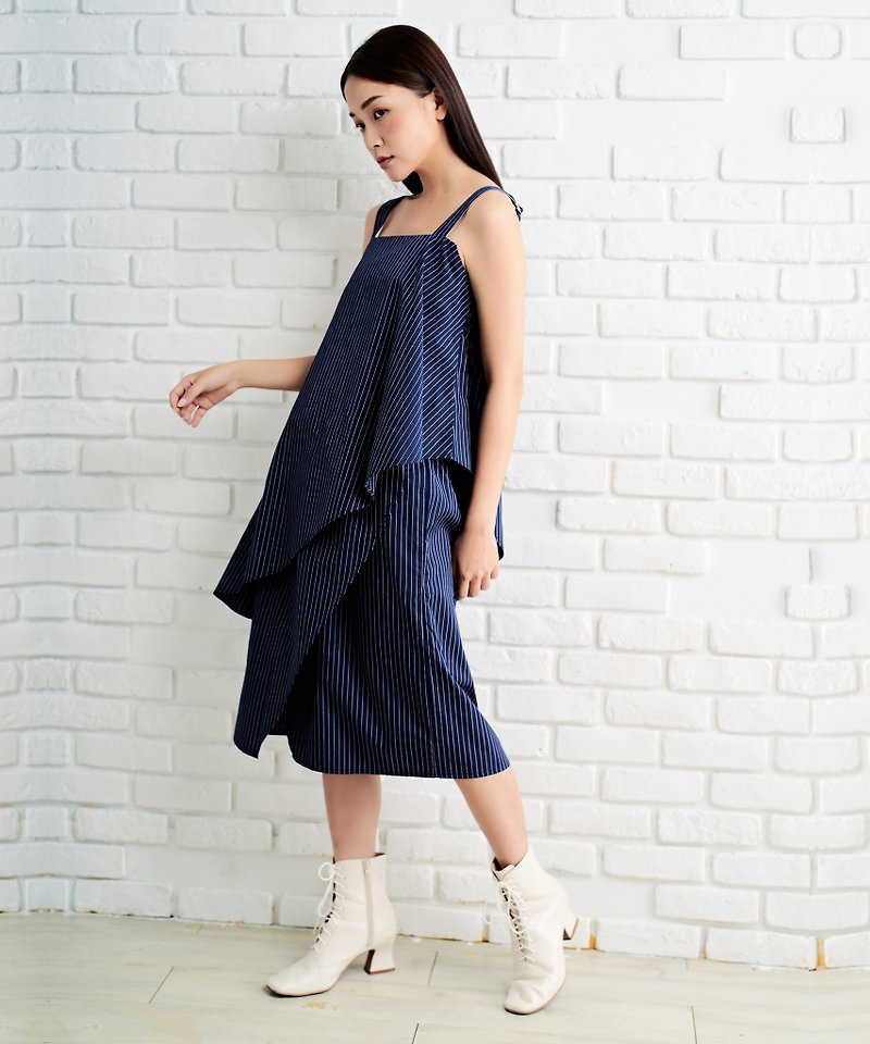 Split Knee Skirt-Japanese Blue Striped Cotton Fabric - Skirts - Cotton & Hemp Blue