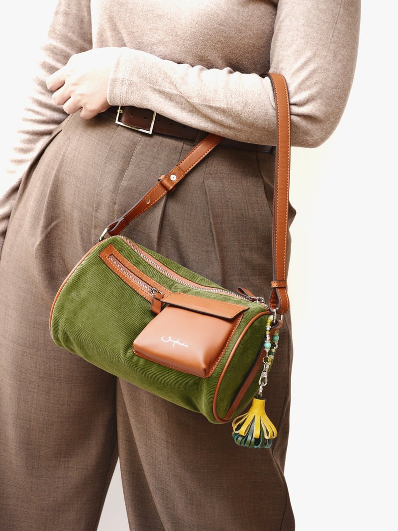 Neko Round Duffel Bag - Matcha Green Corduroy with Leather 2WAY 包款 - Messenger Bags & Sling Bags - Genuine Leather Green