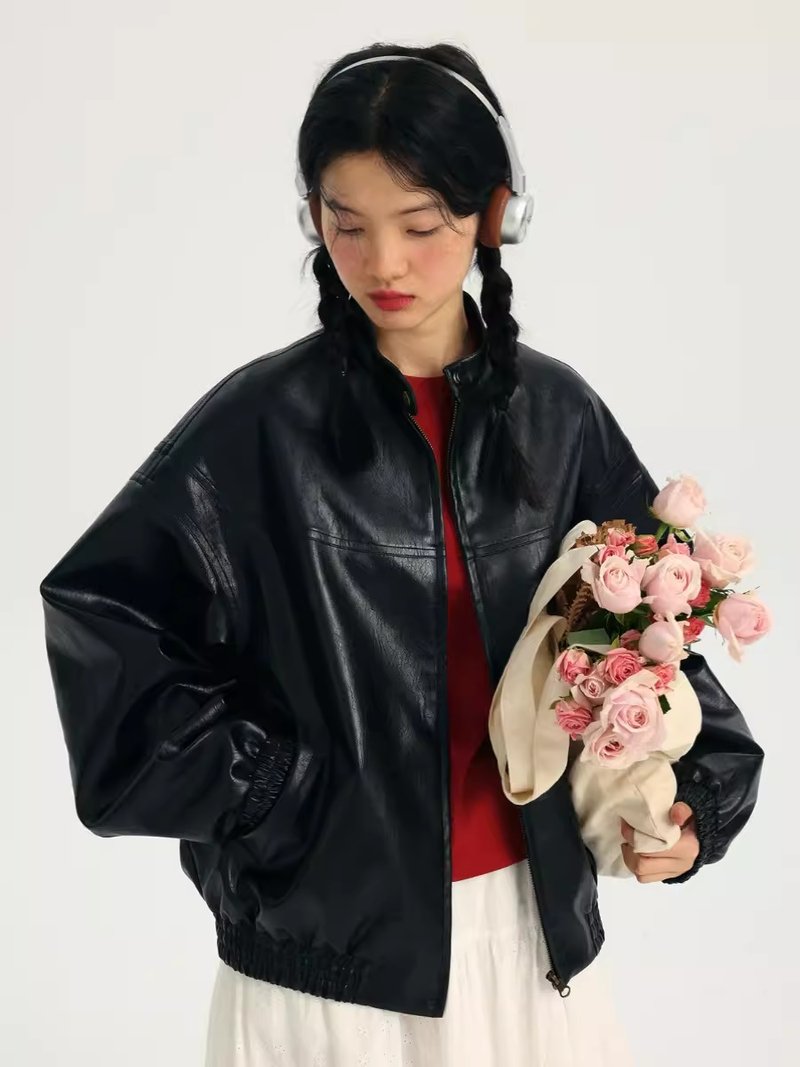 oddmaker8014PU retro leather jacket women's design niche motorcycle leather jacket short jacket - เสื้อแจ็คเก็ต - หนังเทียม 